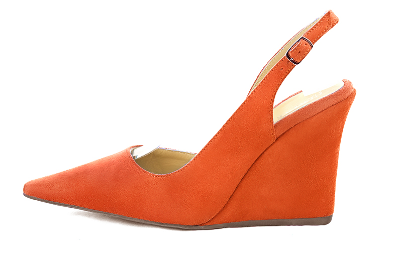 Clementine orange women's slingback shoes. Pointed toe. Very high wedge heels. Profile view - Florence KOOIJMAN